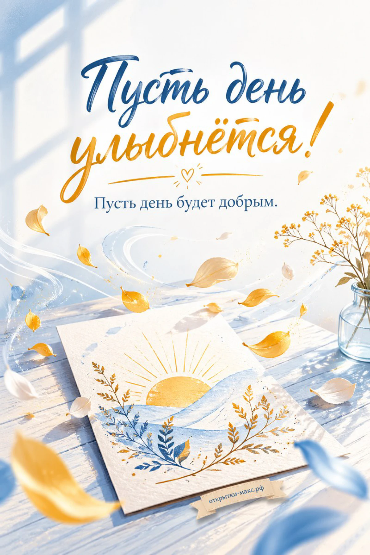 Карточка с рисунком солнца и золотые лепестки на голубом деревянном столике у окна