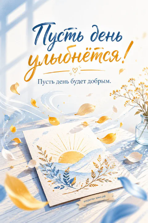 Карточка с рисунком солнца и золотые лепестки на голубом деревянном столике у окна