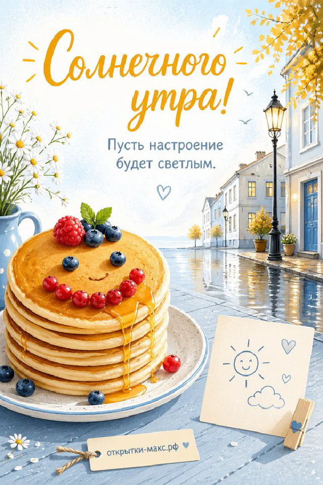 Бумажная сирень в вазе, чашка кофе с дымком и конверт с цветком в paper-art стиле с надписью «Солнечного утра» — вариант 2