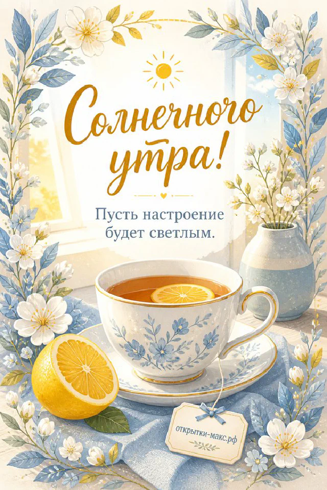 Бумажная сирень в вазе, чашка кофе с дымком и конверт с цветком в paper-art стиле с надписью «Солнечного утра» — вариант 3