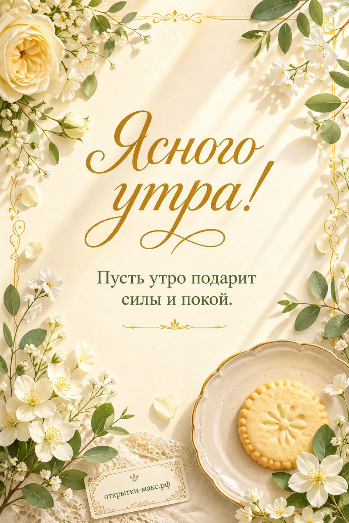Тарелка с круглым печеньем, белые садовые розы и ветки эвкалипта в золотой рамке на кремовом фоне, надпись Ясного утра