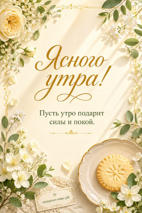 Тарелка с круглым печеньем, белые садовые розы и ветки эвкалипта в золотой рамке на кремовом фоне, надпись Ясного утра