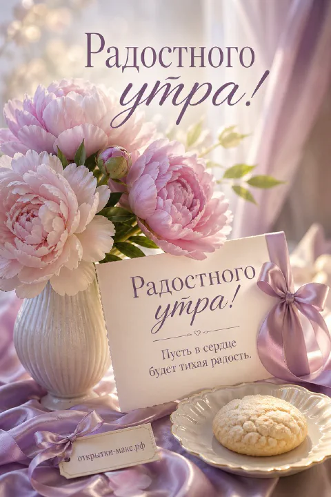 Пышные розово-сиреневые пионы в белой вазе рядом с открыткой-посланием и печеньем на сиреневой ткани