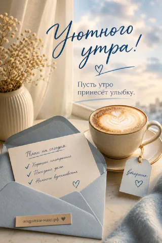 Серый конверт с карточкой-планом дня, чашка капучино с пенкой и бирка вторника на голубом фоне