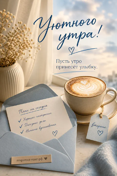 Серый конверт с карточкой-планом дня, чашка капучино с пенкой и бирка вторника на голубом фоне