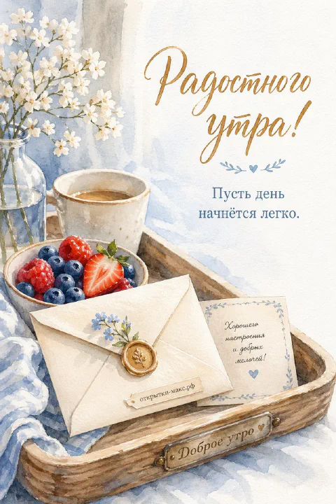 Деревянный поднос с кофе, ягодами клубники и конвертом, надпись «Радостного утра»