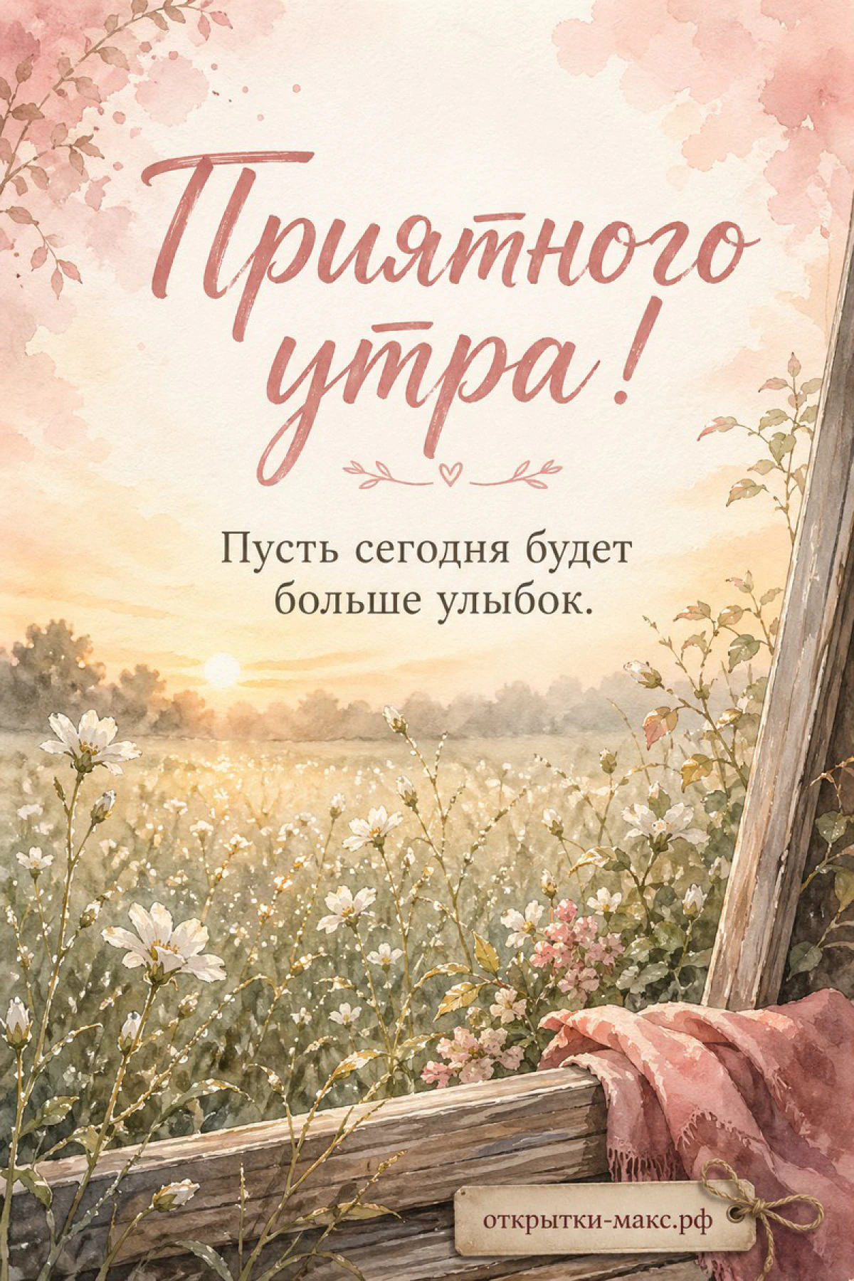Акварельное поле ромашек на рассвете, цветущая розовая ветка и надпись «Приятного утра»
