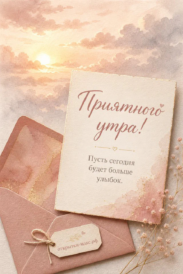 Акварельное поле ромашек на рассвете, цветущая розовая ветка и надпись «Приятного утра» — вариант 2