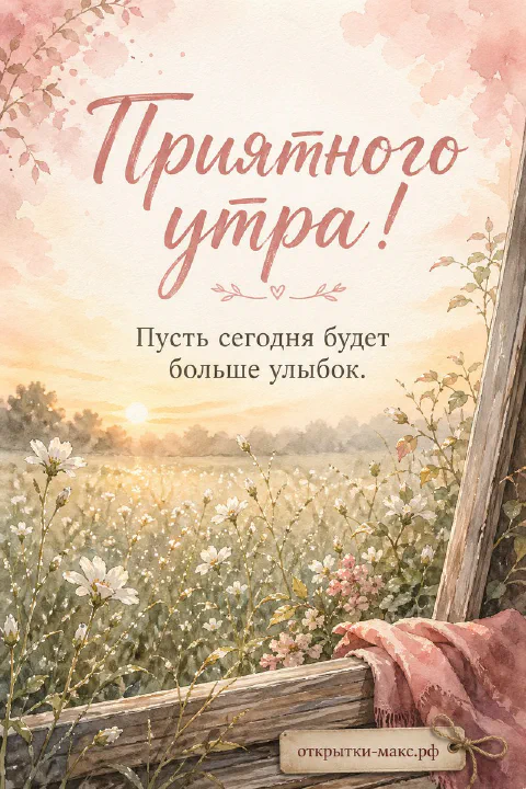Акварельное поле ромашек на рассвете, цветущая розовая ветка и надпись «Приятного утра»