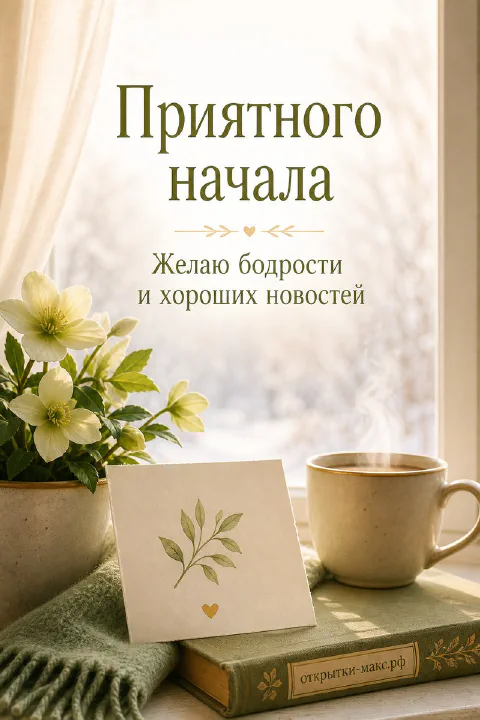 Открытка с чашкой чая и цветком на книгах у окна с заснеженным видом и зелёными шторами