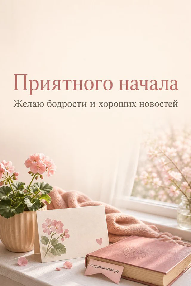Открытка с чашкой чая и цветком на книгах у окна с заснеженным видом и зелёными шторами — вариант 2