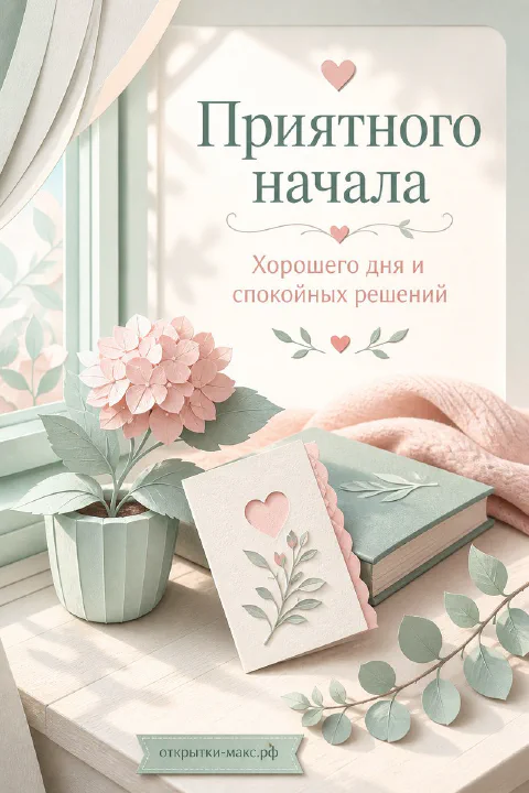 Книга с конвертом и горшечным цветком на подоконнике с пледом в пастельных тонах