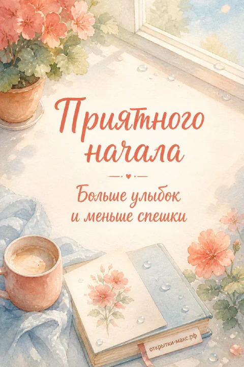 Акварельная открытка с кружкой кофе, книгой с цветком и горшком герани на подоконнике у окна