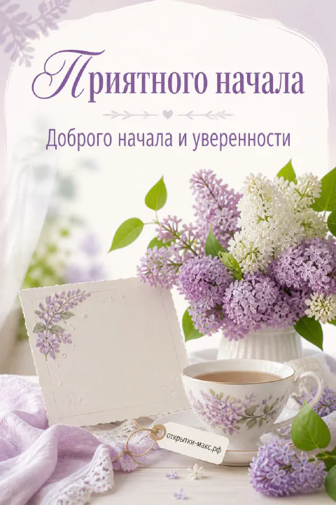 Пышный букет сиреневой сирени рядом с чашкой чая и конвертом на светлом столе