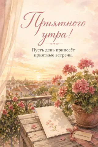 Акварельный балкон с горшком алой герани, тетрадью и видом на утренний город в рассветных красках