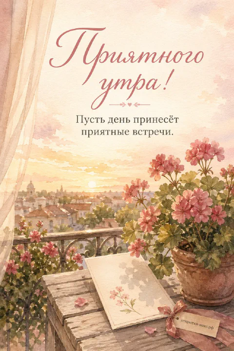 Акварельный балкон с горшком алой герани, тетрадью и видом на утренний город в рассветных красках