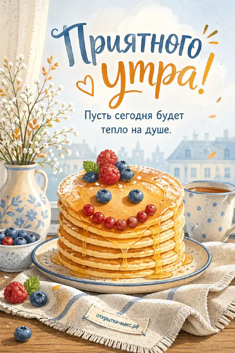 Стопка блинчиков с ягодами, рядом чашка горячего напитка, акварель, надпись «Приятного утра»