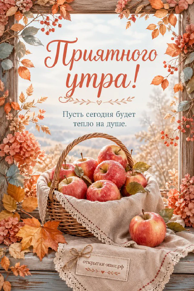 Стопка блинчиков с ягодами, рядом чашка горячего напитка, акварель, надпись «Приятного утра» — вариант 2