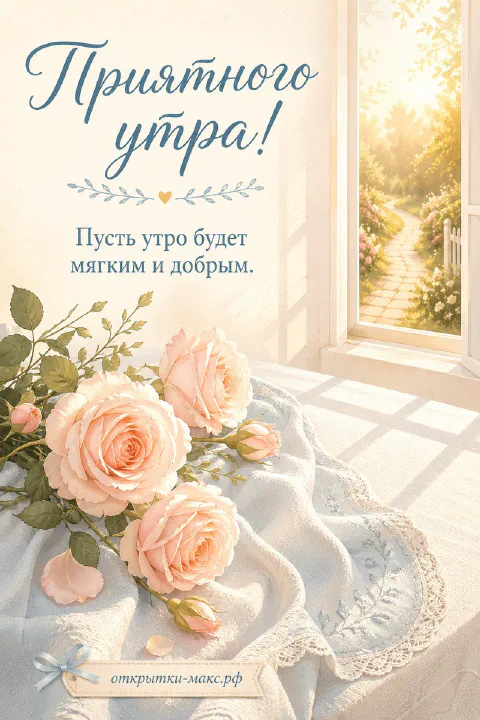 Букет акварельных цветов на подоконнике у солнечного окна, надпись «Приятного утра»