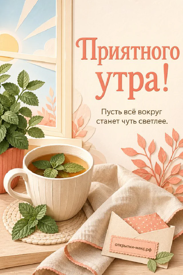 Чашка горячего чая и зажжённая свеча на спокойном фоне, акварель, надпись «Приятного утра» — вариант 3