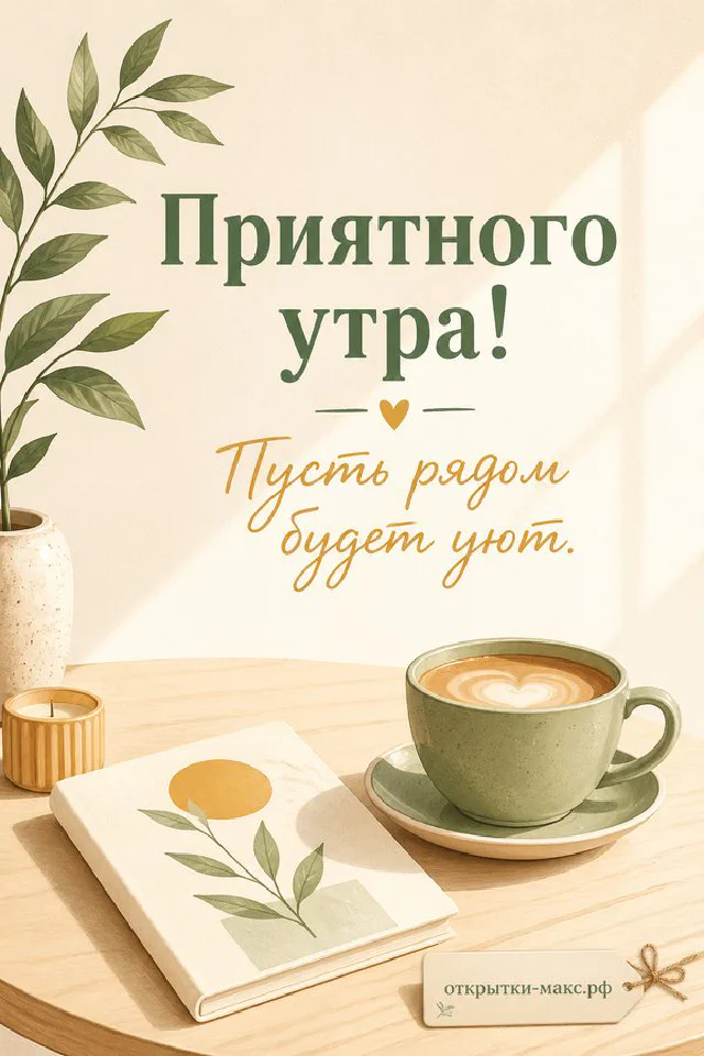 Открытка с чашкой чая и горящей свечой на подоконнике, осенние кленовые листья за окном в тёплых тонах — вариант 2