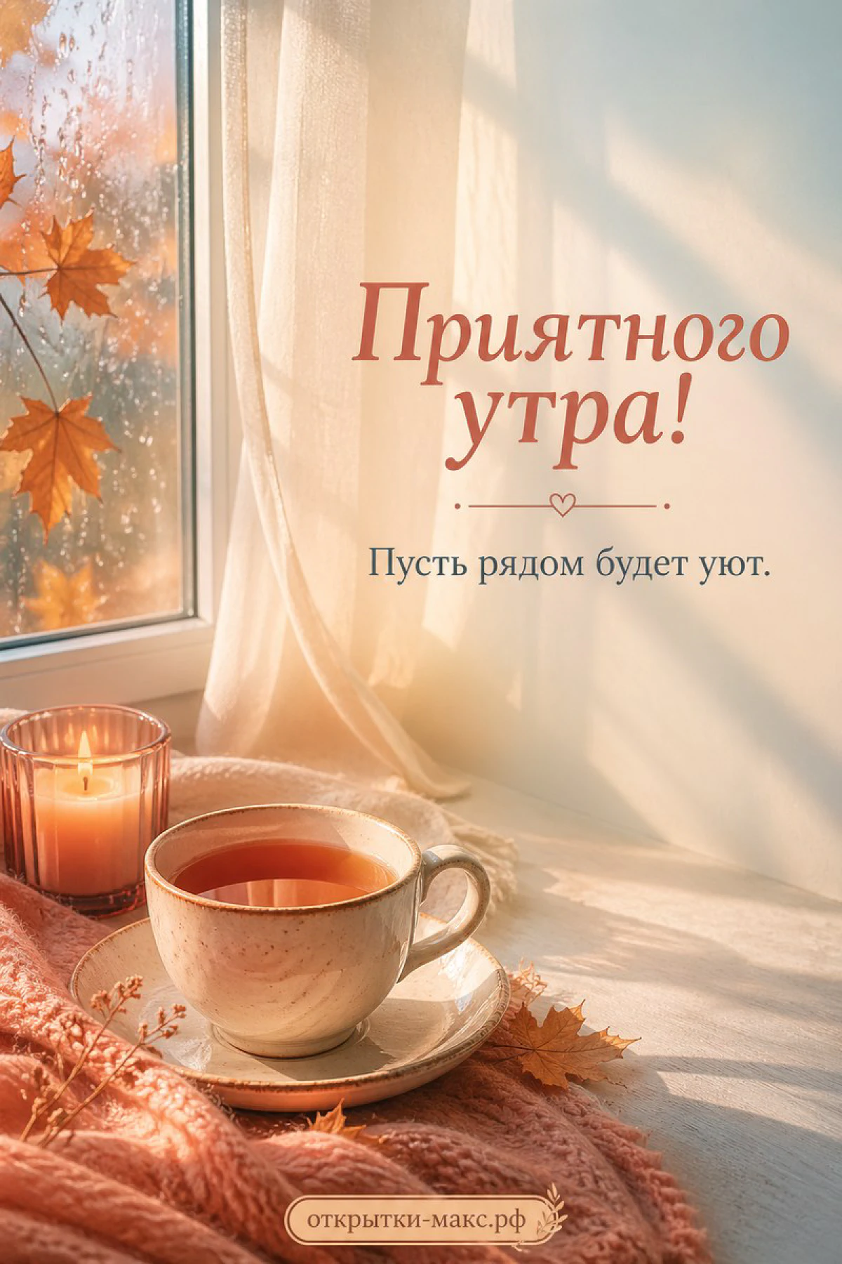 Открытка с чашкой чая и горящей свечой на подоконнике, осенние кленовые листья за окном в тёплых тонах