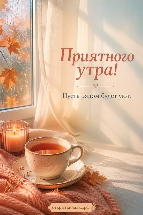 Открытка с чашкой чая и горящей свечой на подоконнике, осенние кленовые листья за окном в тёплых тонах