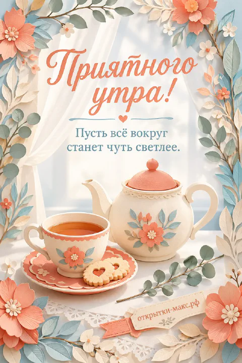 Чашка горячего чая и зажжённая свеча на спокойном фоне, акварель, надпись «Приятного утра»