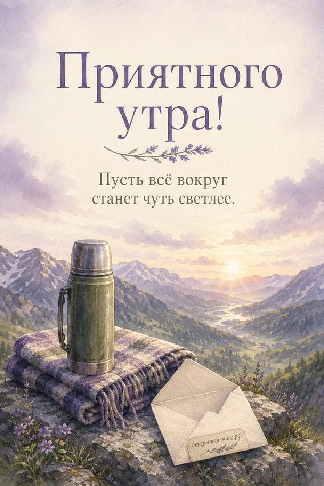 Чашка горячего чая и зажжённая свеча на спокойном фоне, акварель, надпись «Приятного утра» — вариант 2