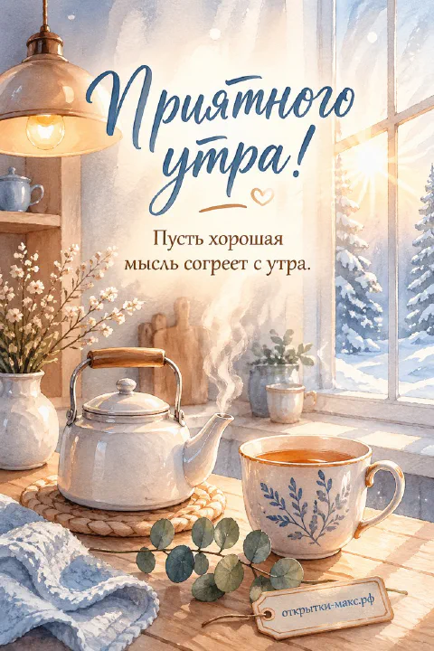 Белый эмалированный чайник с паром и кружка чая на деревянном столе у заснеженного окна