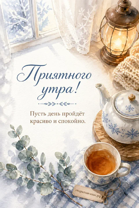 Акварельная открытка с синим чайником, чашкой чая и старинным фонарём на фоне заснеженного окна