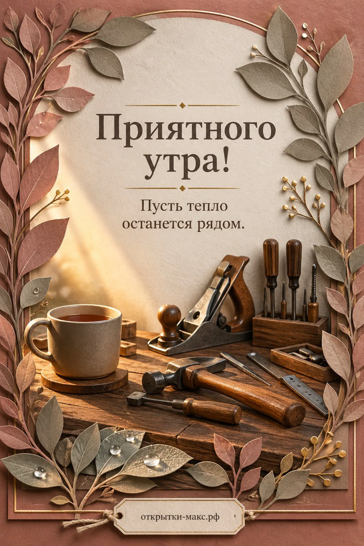 Деревянный мастеровой стол с рубанком, стамесками и кружкой чая в рамке из осенних листьев