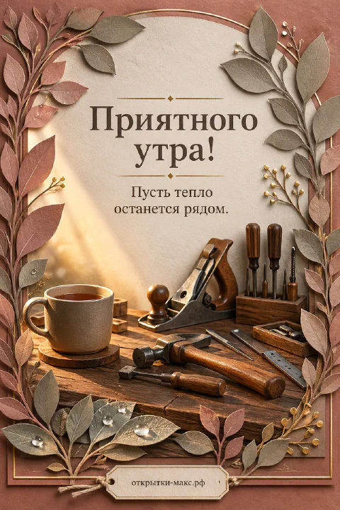 Деревянный мастеровой стол с рубанком, стамесками и кружкой чая в рамке из осенних листьев