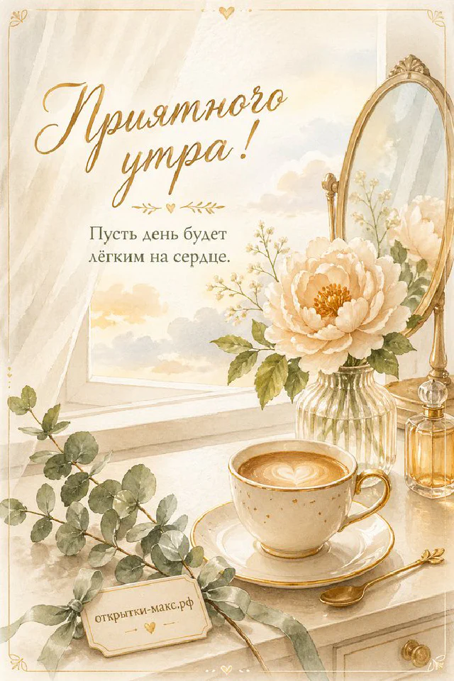 Минималистичная открытка с чашкой кофе с пенкой, печеньем и ветками эвкалипта на бежевом фоне — вариант 2