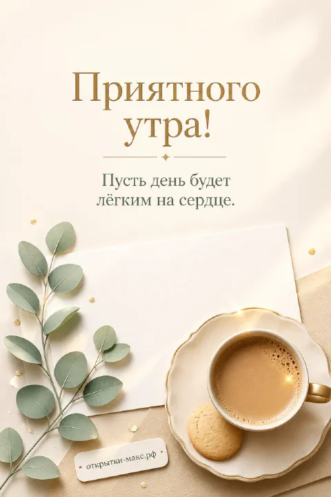 Минималистичная открытка с чашкой кофе с пенкой, печеньем и ветками эвкалипта на бежевом фоне