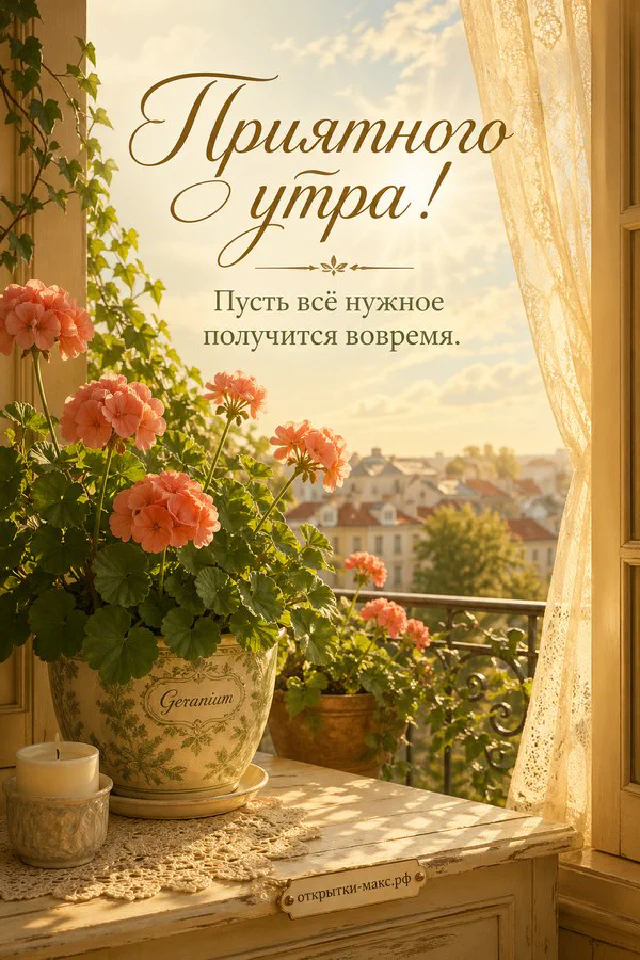 Чашка кофе и букетик нежных цветов на светлом столе, акварель, надпись «Приятного утра» — вариант 3