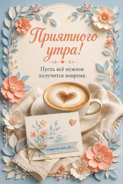 Чашка кофе и букетик нежных цветов на светлом столе, акварель, надпись «Приятного утра»