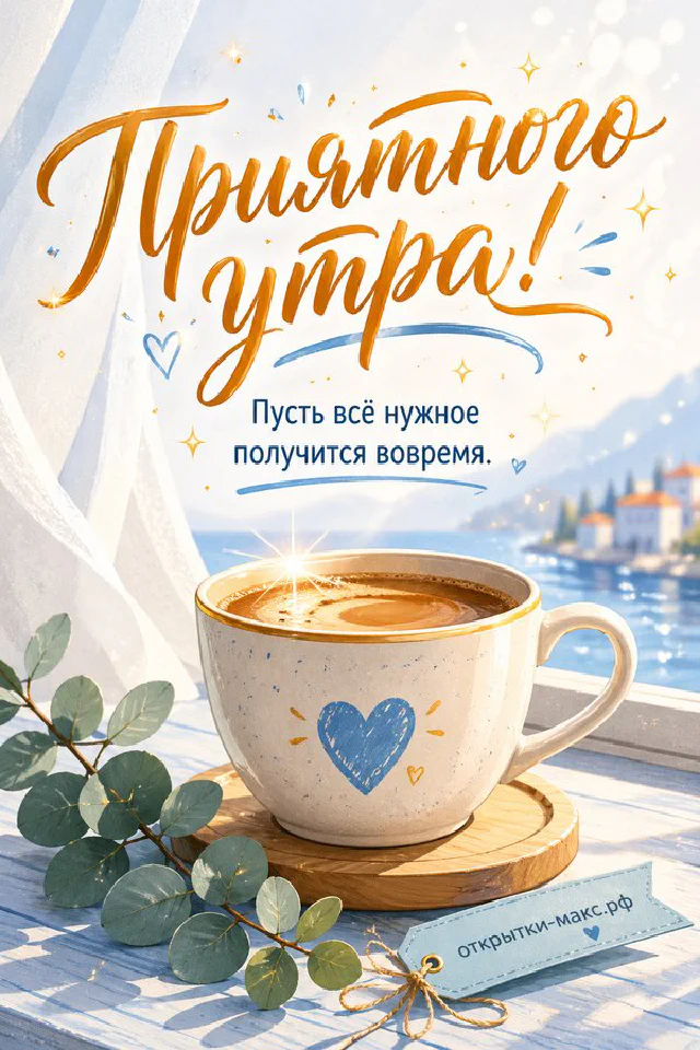Чашка кофе и букетик нежных цветов на светлом столе, акварель, надпись «Приятного утра» — вариант 2