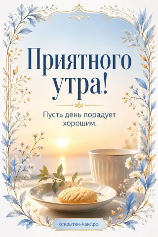 Чашка кофе на столе с видом на утреннее море и рассветное небо, акварель, надпись «Приятного утра»