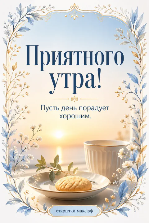 Чашка кофе на столе с видом на утреннее море и рассветное небо, акварель, надпись «Приятного утра»