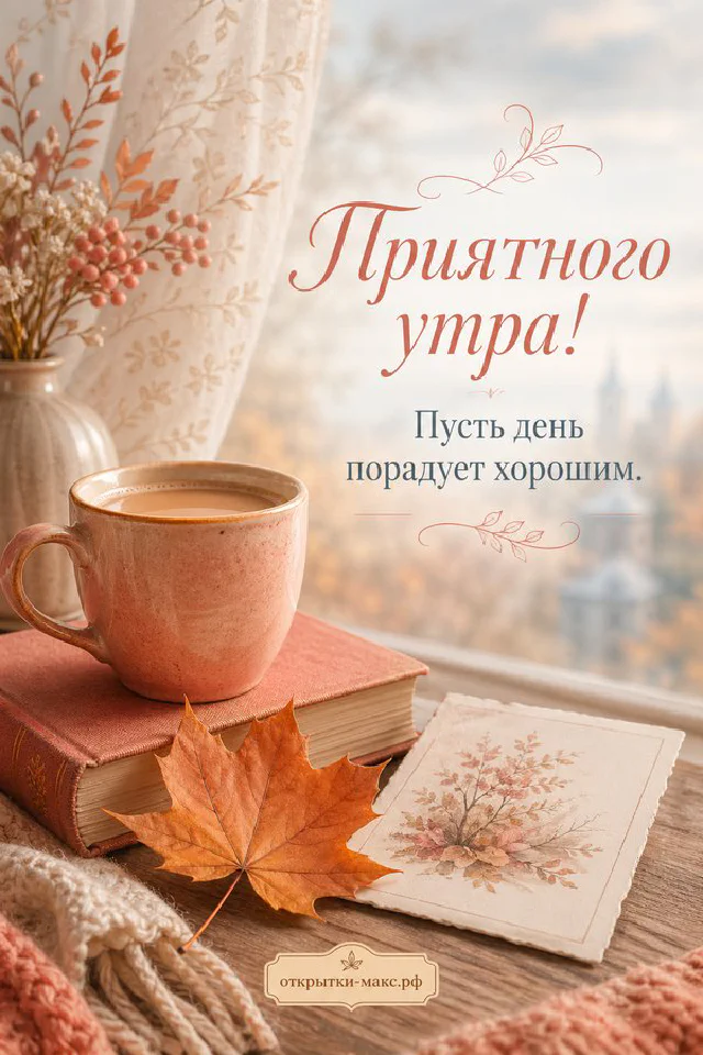 Чашка кофе на столе с видом на утреннее море и рассветное небо, акварель, надпись «Приятного утра» — вариант 3