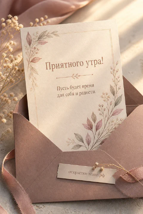 Сложенный конверт и цветущие веточки на светлом фоне, акварель, надпись «Приятного утра»