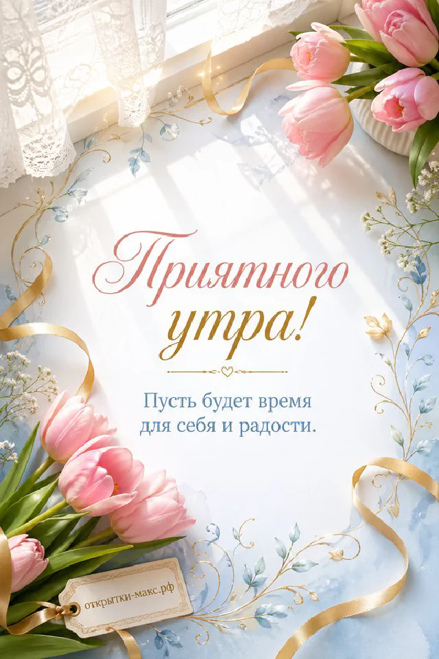 Сложенный конверт и цветущие веточки на светлом фоне, акварель, надпись «Приятного утра» — вариант 2
