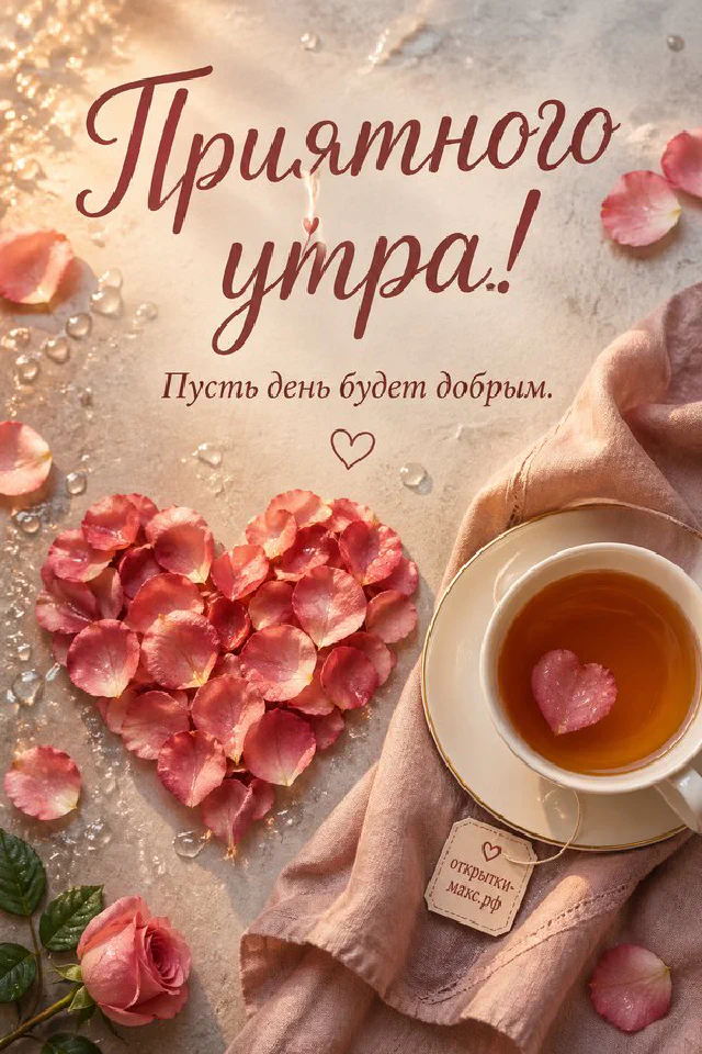 Плетёная корзина со спелыми яблоками на льняной салфетке, надпись «Приятного утра», акварель — вариант 4