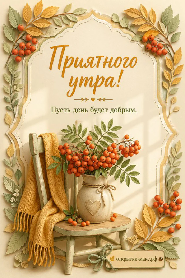Плетёная корзина со спелыми яблоками на льняной салфетке, надпись «Приятного утра», акварель — вариант 6