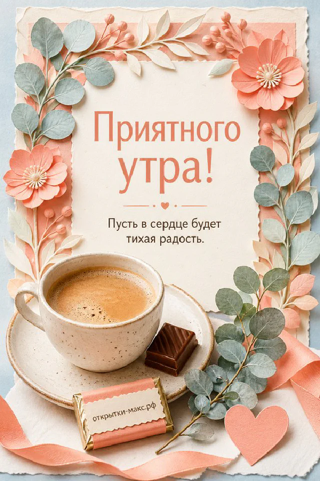 Полосатый котёнок тянется лапкой к круассану на столе с лавандой и конвертом, акварель, надпись «Приятного утра» — вариант 3