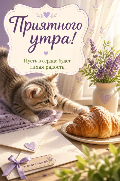 Полосатый котёнок тянется лапкой к круассану на столе с лавандой и конвертом, акварель, надпись «Приятного утра»