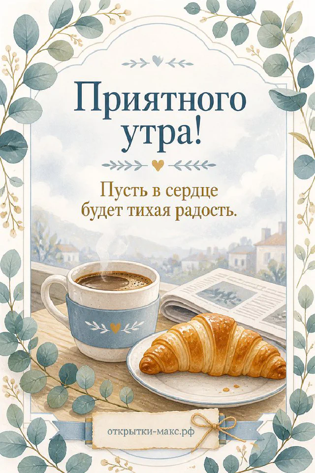 Полосатый котёнок тянется лапкой к круассану на столе с лавандой и конвертом, акварель, надпись «Приятного утра» — вариант 2