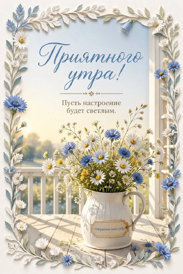 Кружка горячего напитка, миска со свежими ягодами и зажжённые свечи на столе, акварель, надпись «Приятного утра» — вариант 3