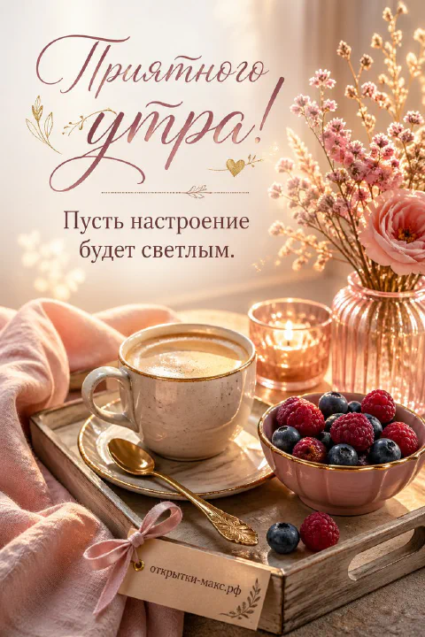Кружка горячего напитка, миска со свежими ягодами и зажжённые свечи на столе, акварель, надпись «Приятного утра»